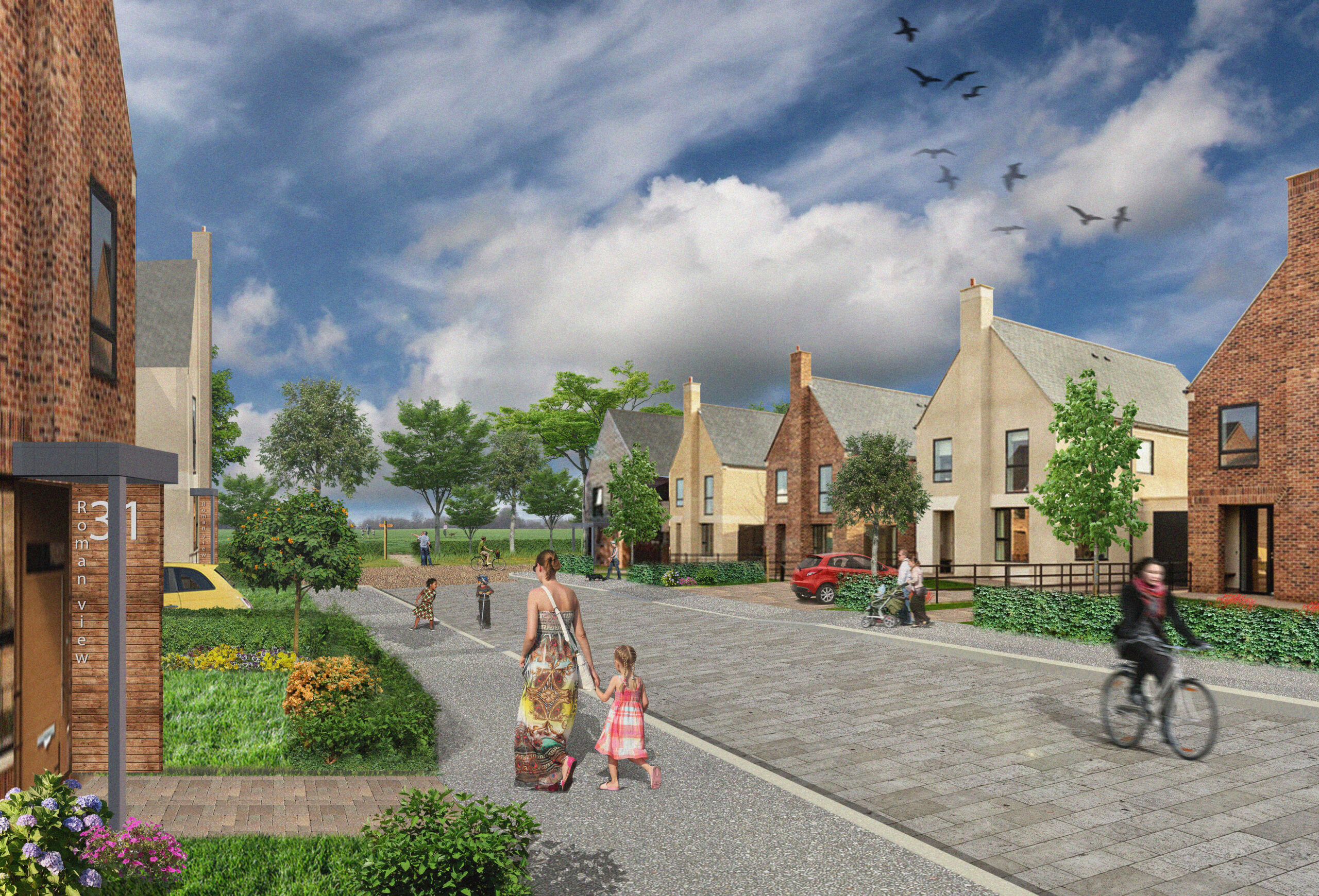 An artist’s impression of the view through the development towards the Scheduled Ancient Monument